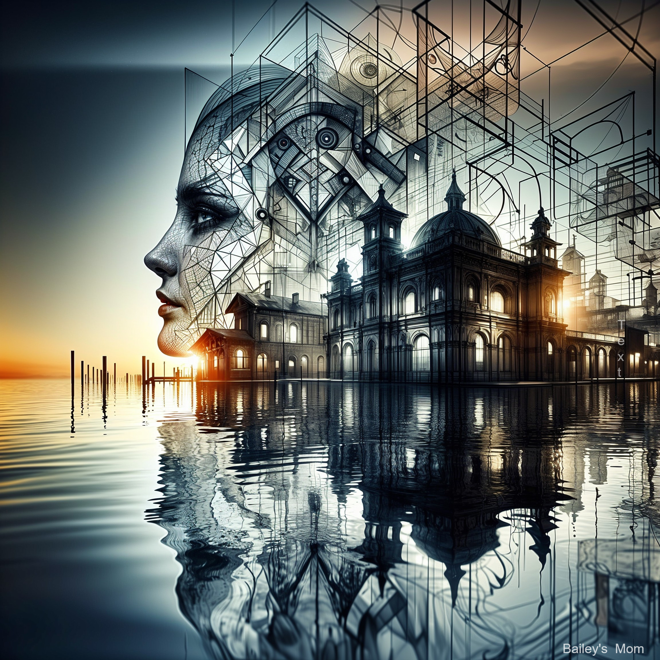Surreal Waterfront Scene with Geometric Silhouette