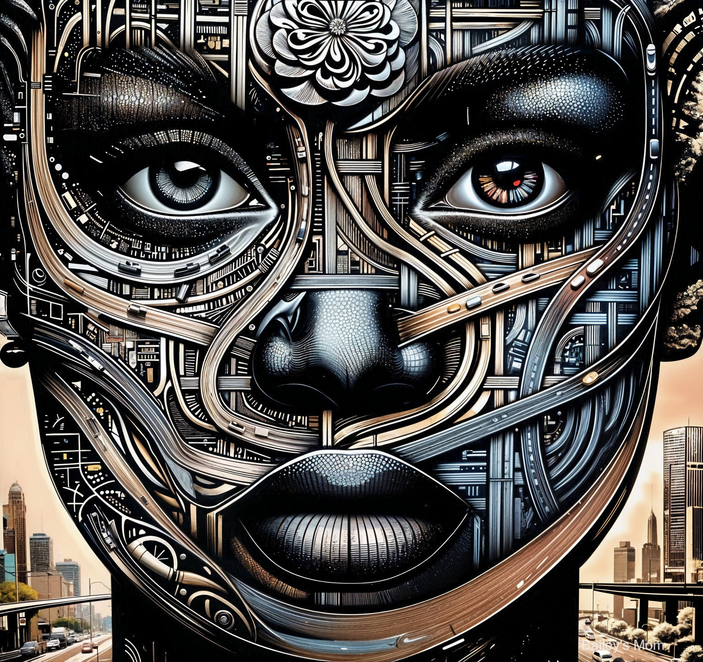 Close-Up of Face with Mechanical and Urban Elements