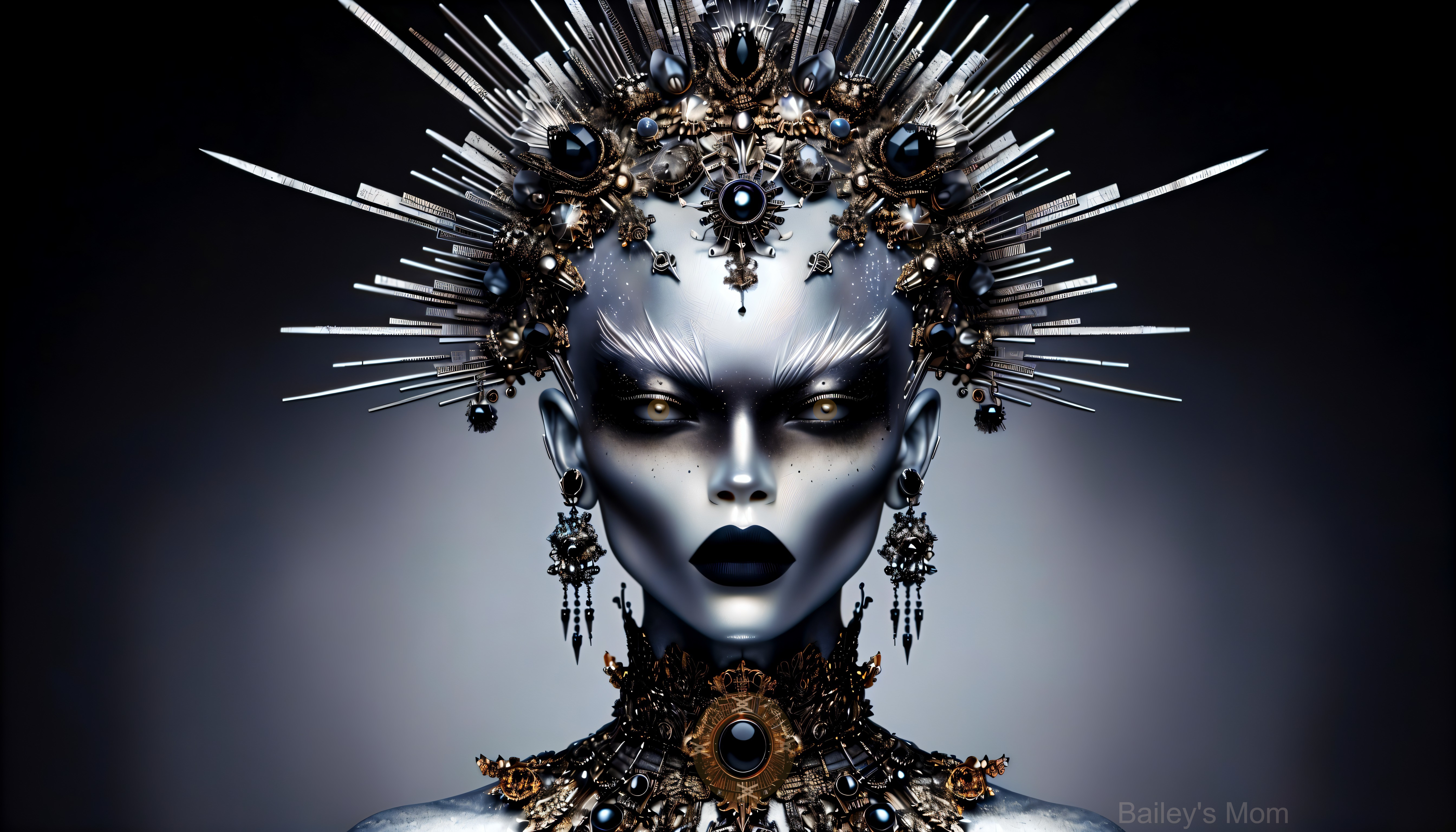 Portrait of a mannequin with metallic accessories and crown