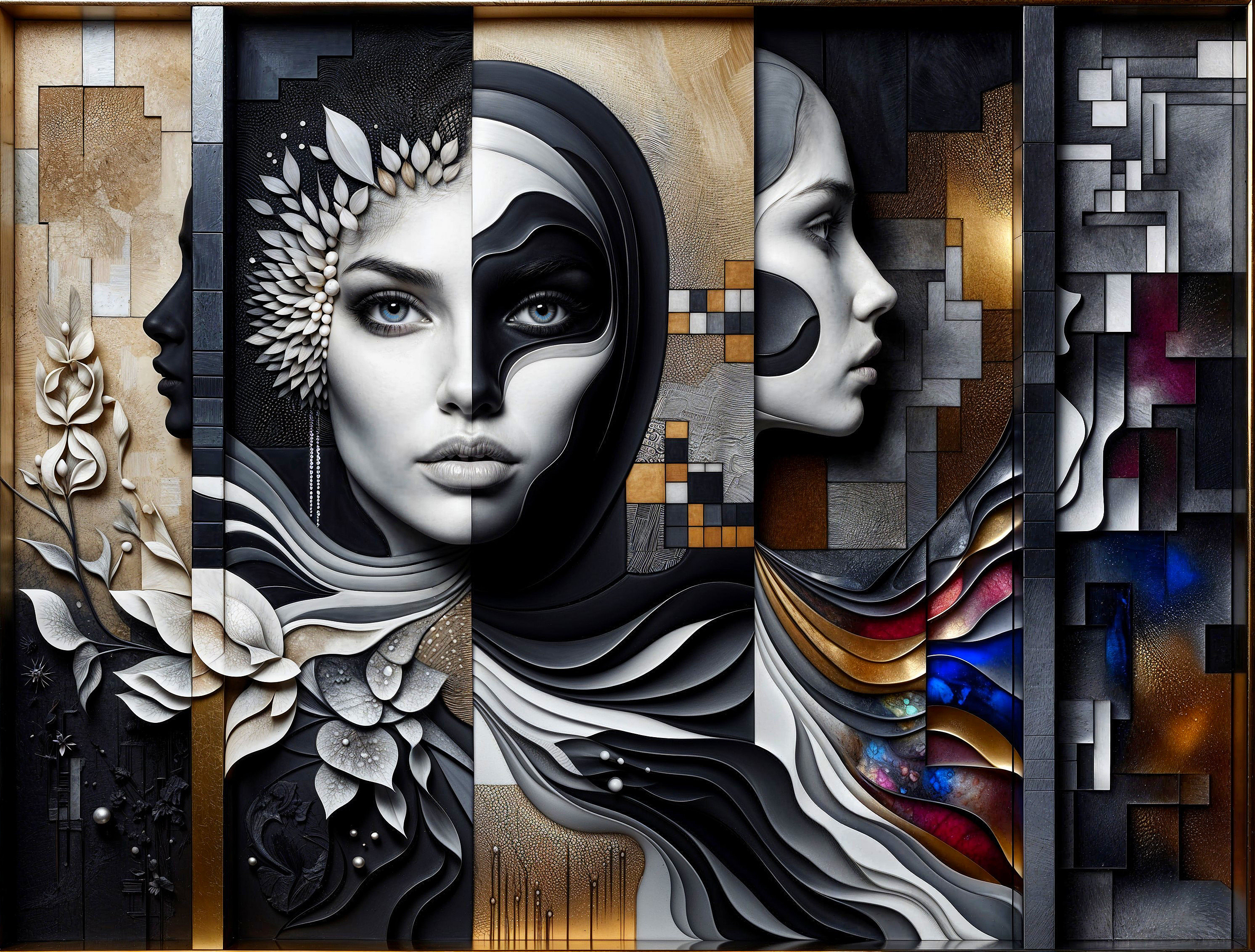 Abstract Composition of Stylized Women's Profiles