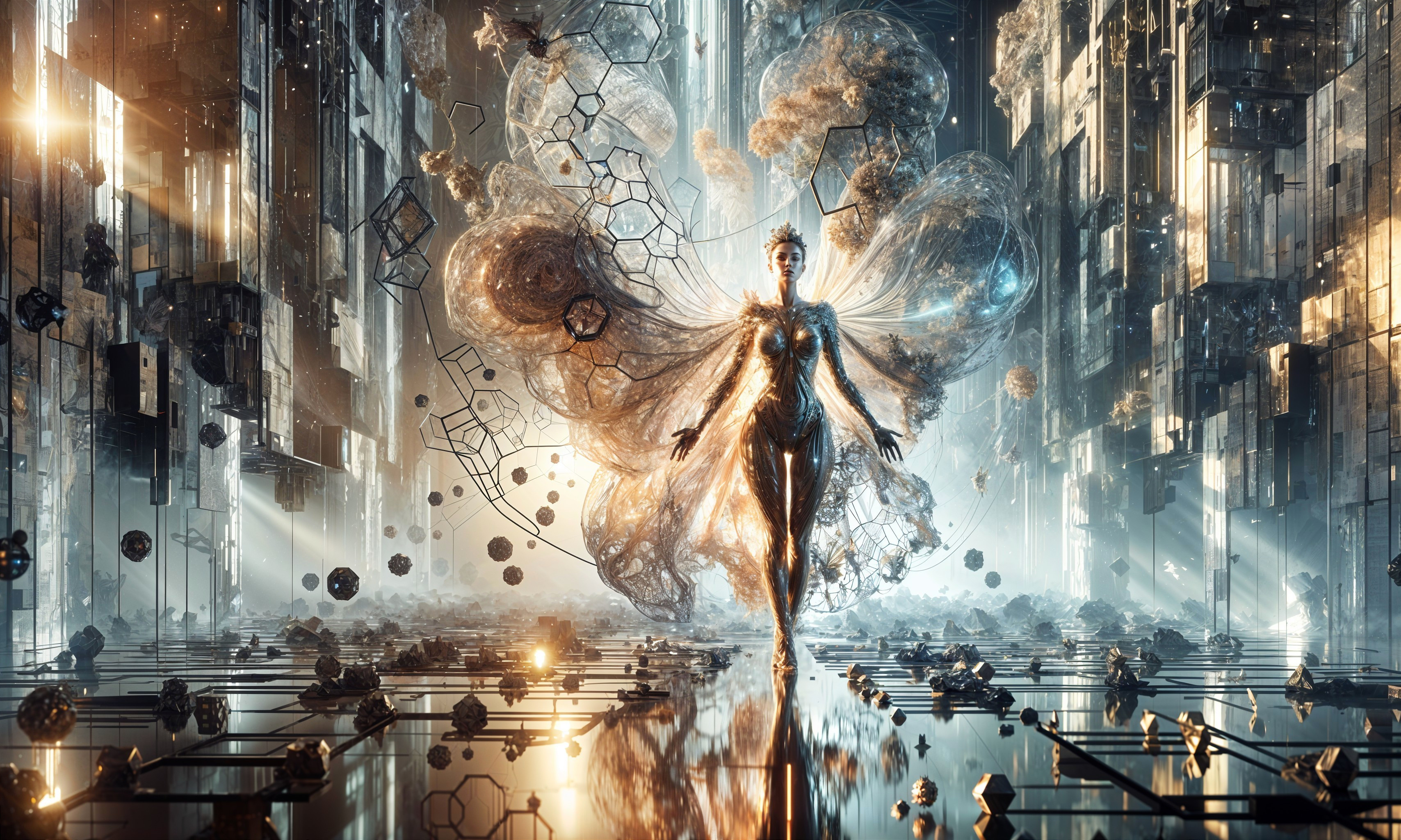 Futuristic figure with glowing wings in high-tech realm