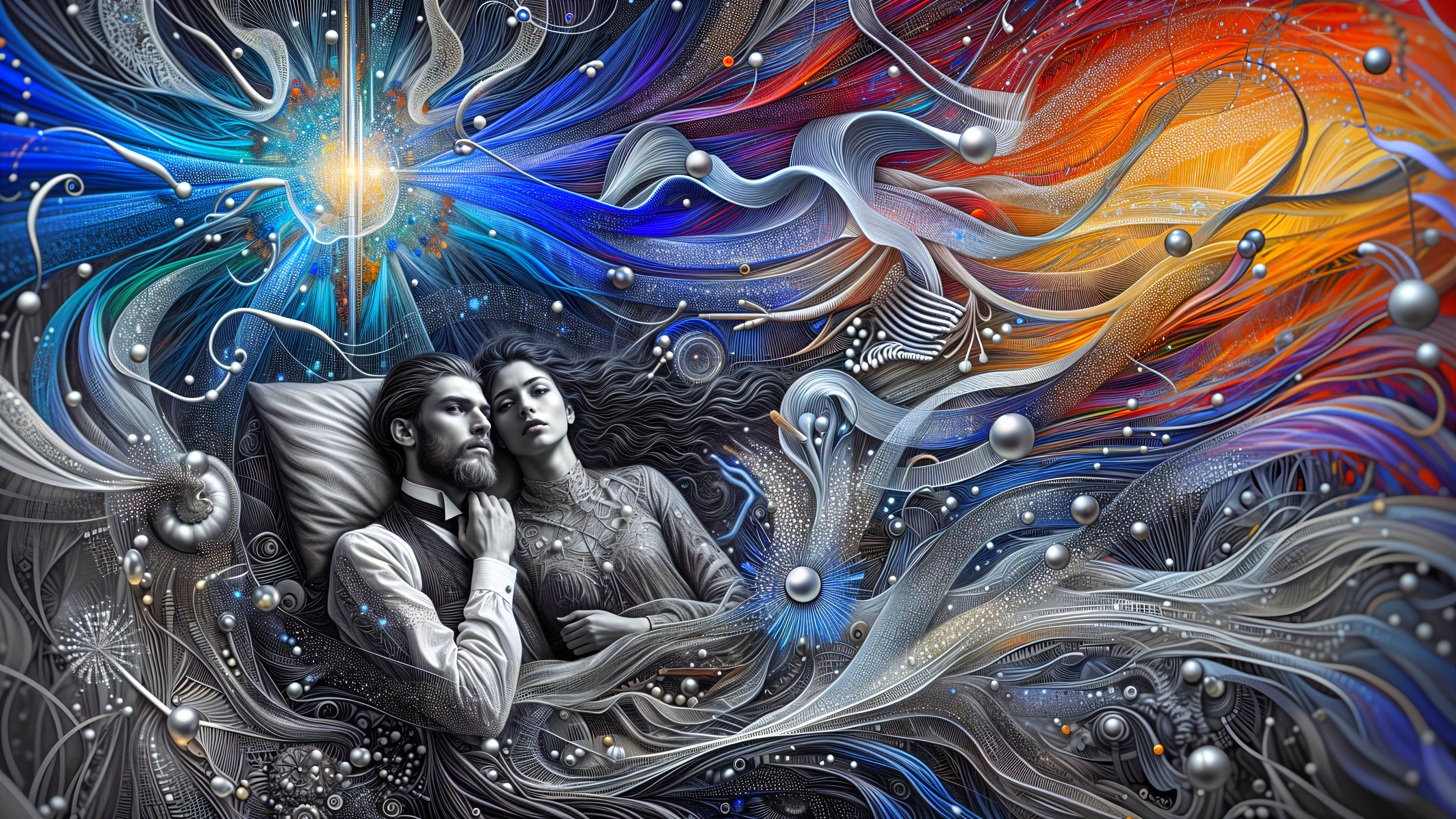 Surreal Couple Surrounded by Vibrant Dreamlike Patterns