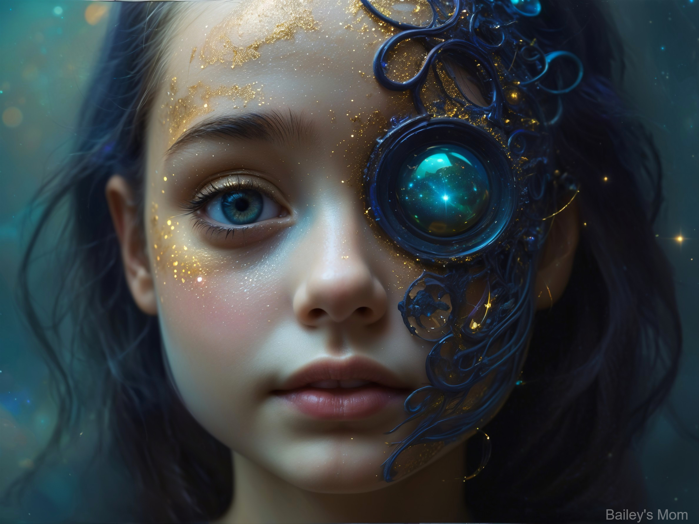 Young girl with blue eyes and steampunk mechanical eye