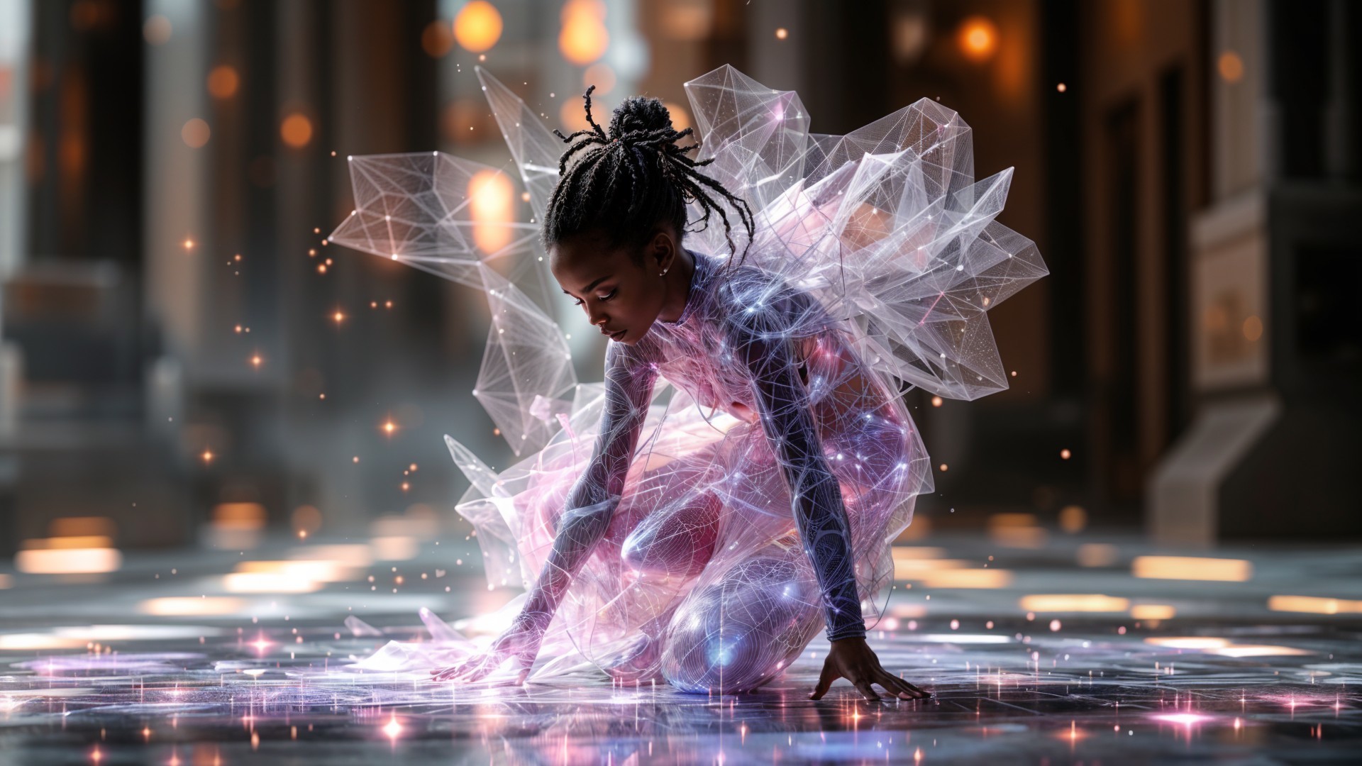 Young figure in translucent geometric outfit on reflective surface