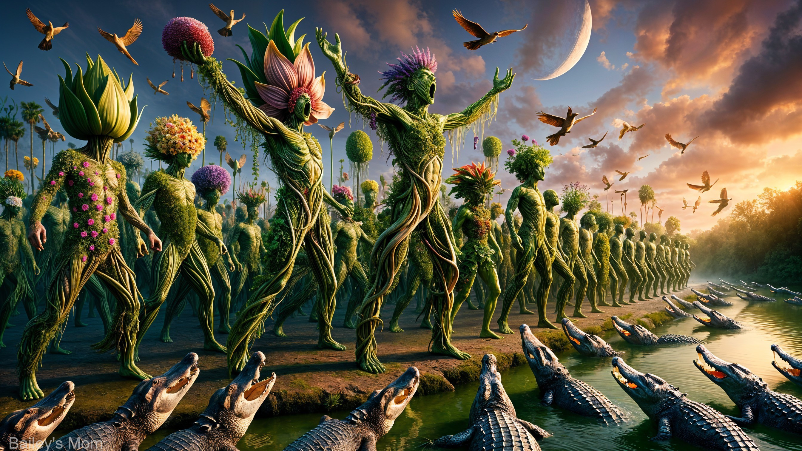 Humanoid Plant Figures Dancing by a Serene River