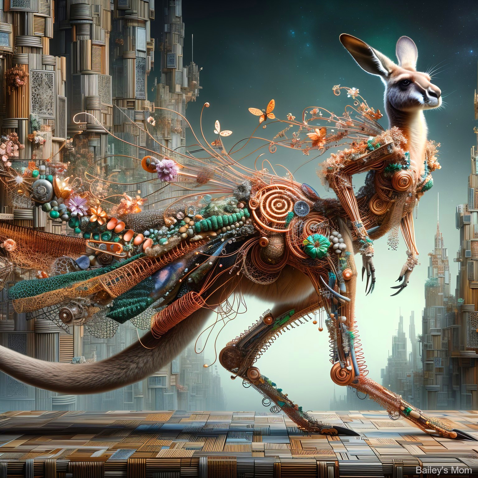 Futuristic Kangaroo with Vibrant Patterns in Surreal City