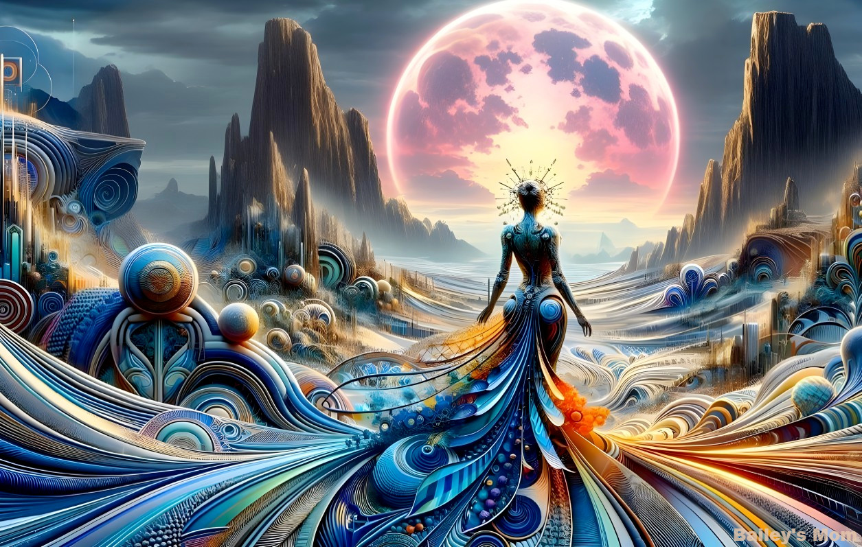 Surreal Landscape with Luminous Moon and Vibrant Gown