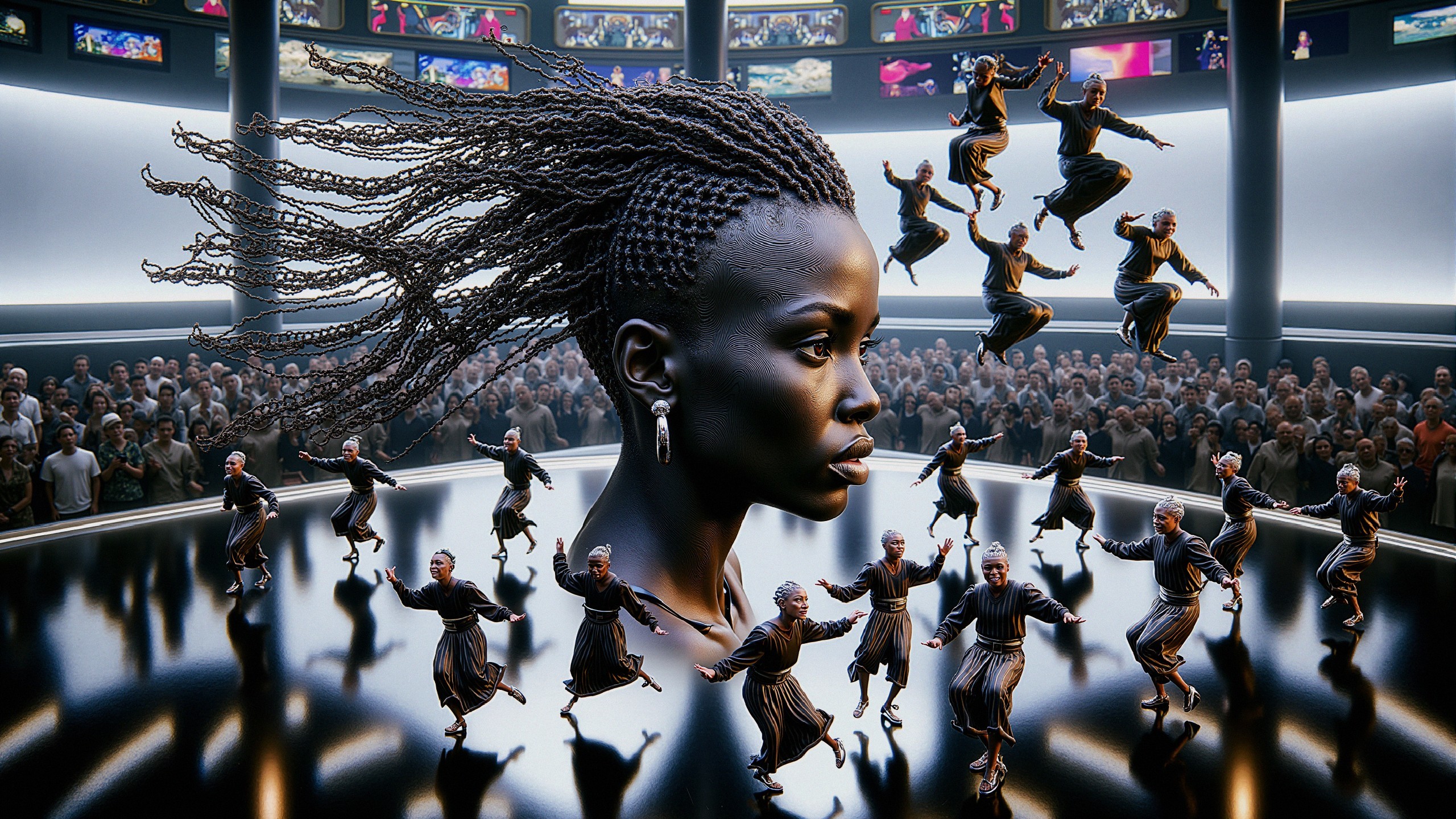Sculpted Woman's Head Amidst Dynamic Dance Performance