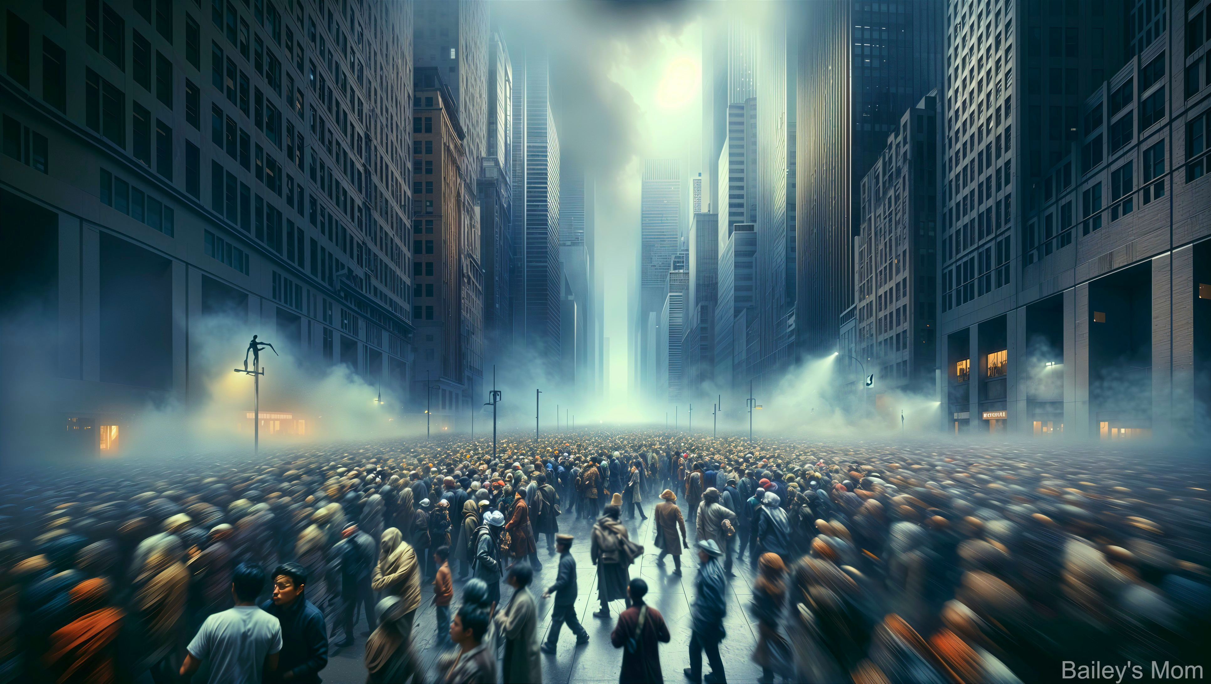 Futuristic City Street with Skyscrapers and Mist