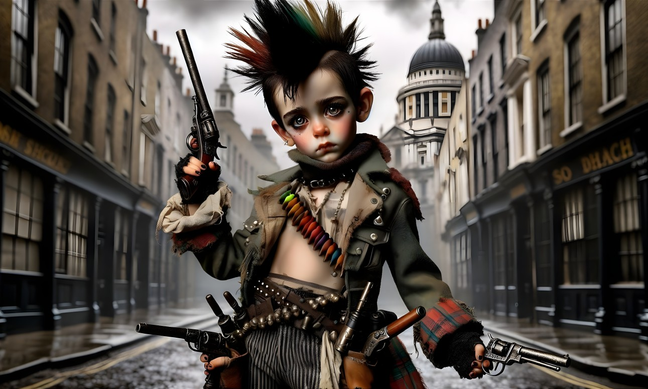 Defiant Child in Punk Style on Urban Street