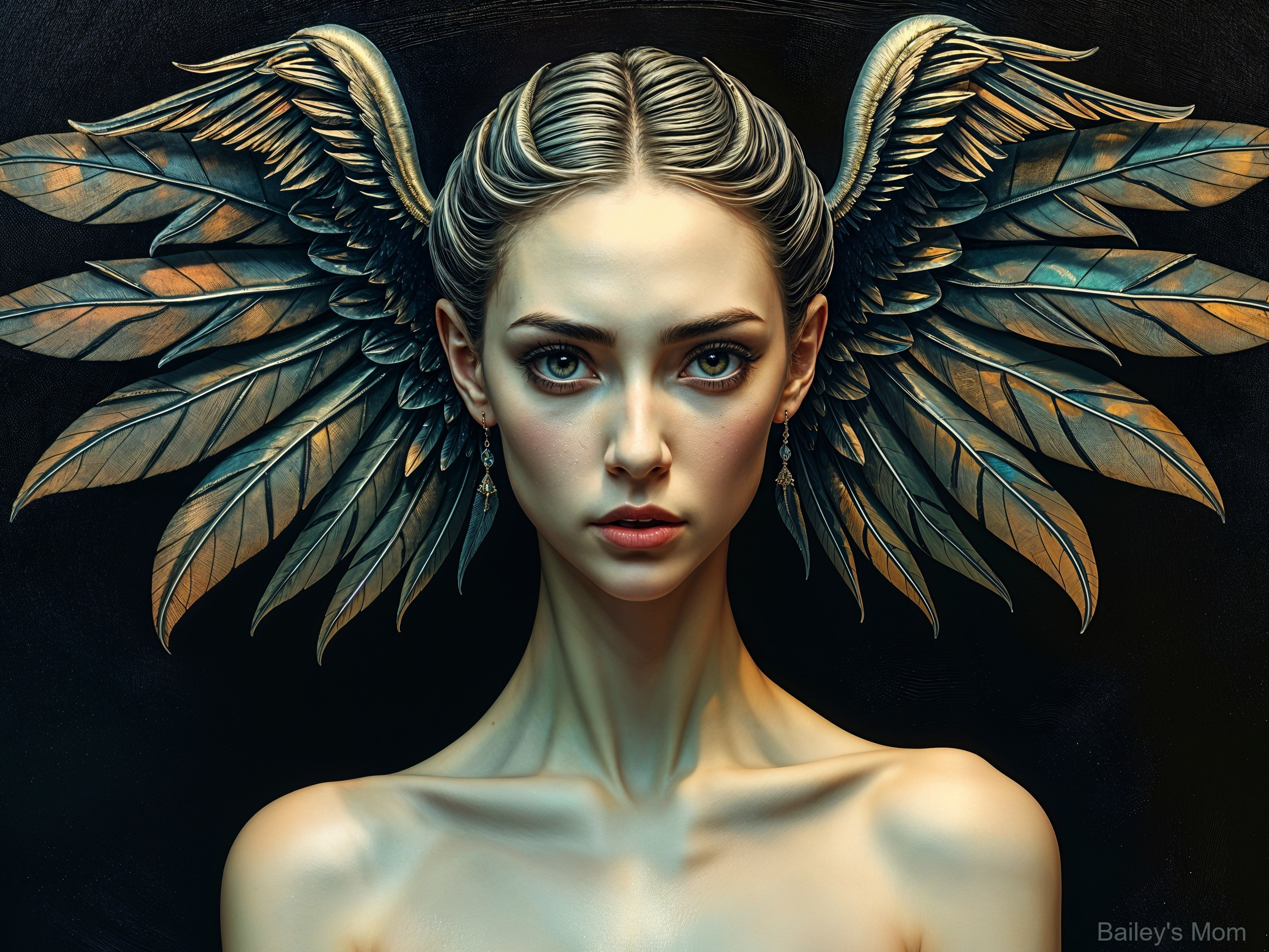 Woman with Golden Leaf Wings and Ethereal Presence