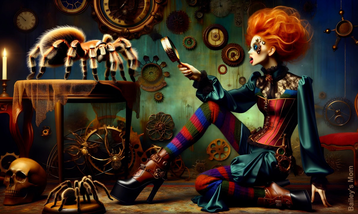 Steampunk Scene with Woman, Clocks, and Spider