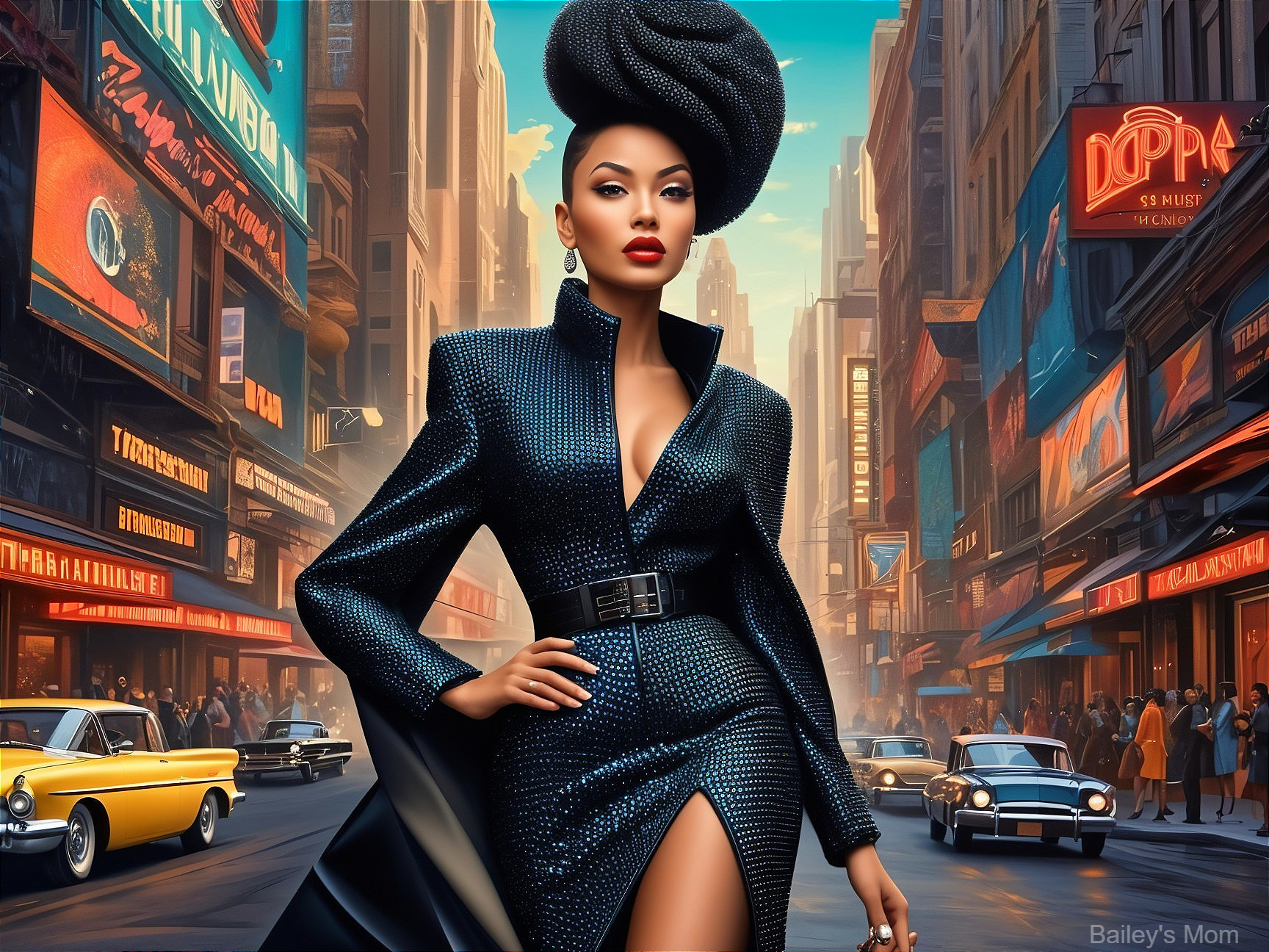 Glamorous Woman in Stylish Black Dress on City Street