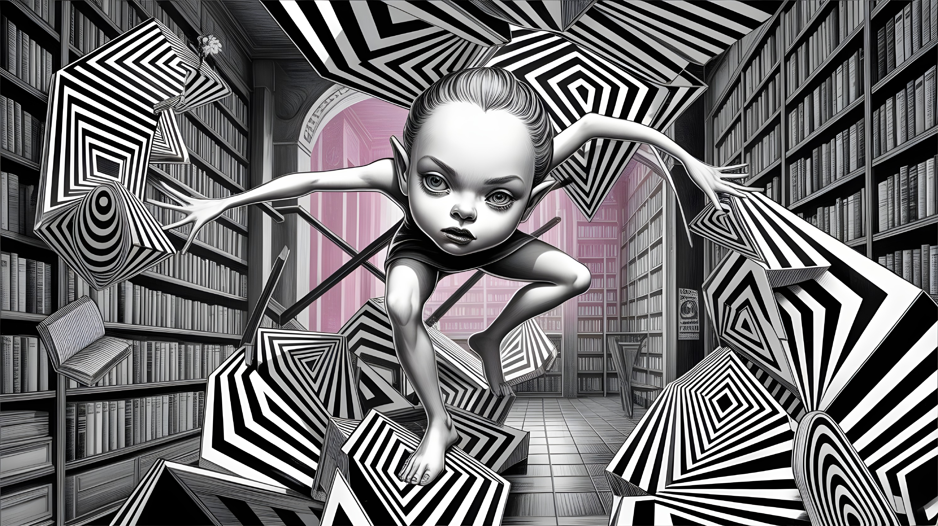 Black-and-white illustration of a girl in a library