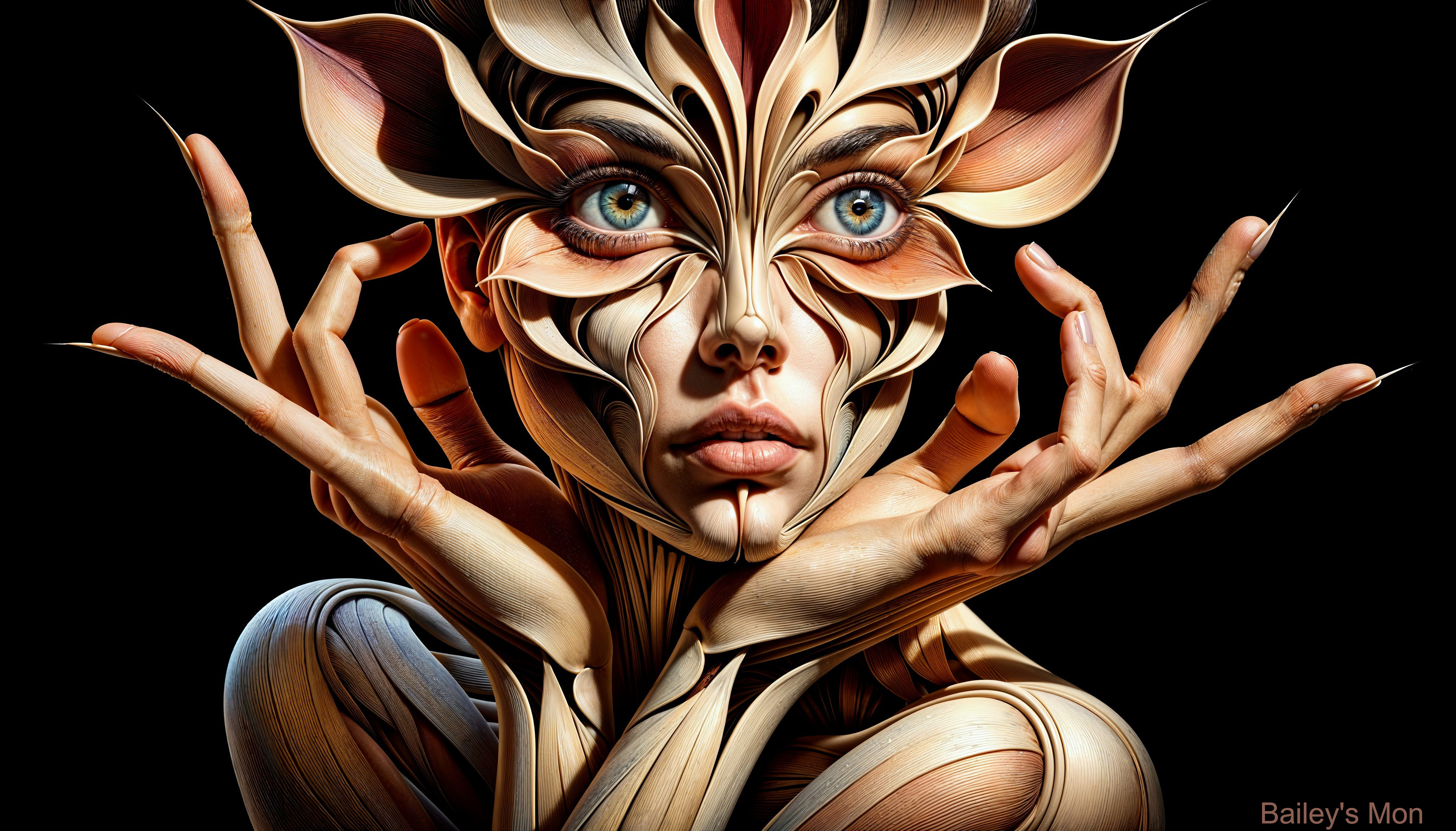 Portrait of a Woman with Wood-Like Patterns and Blue Eyes