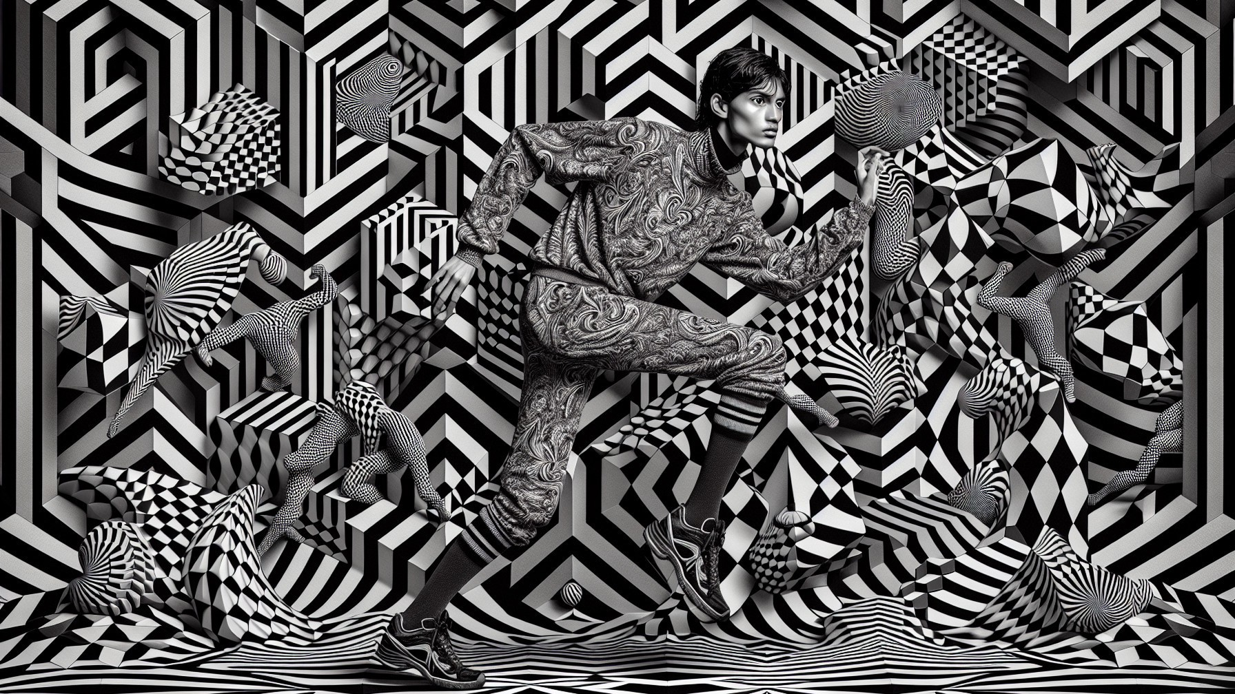 Black-and-white image of model running in patterned outfit