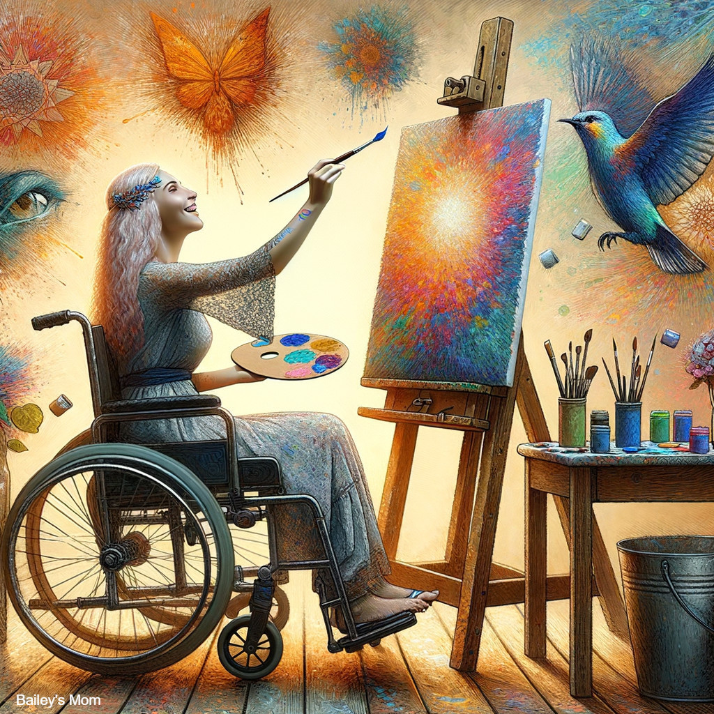 Woman in Wheelchair Painting with Vibrant Colors