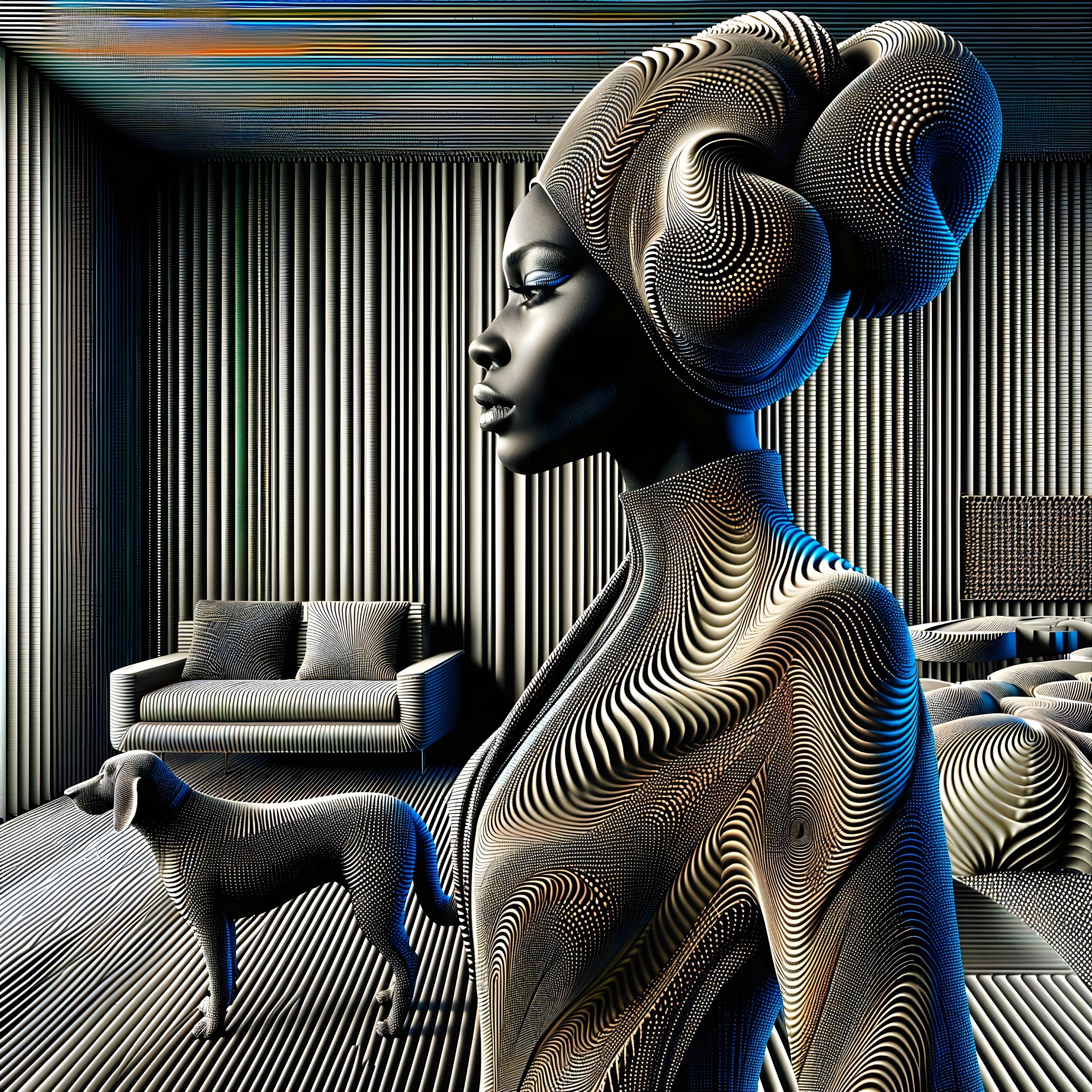 Abstract Figure of Woman with Dog in Striped Room