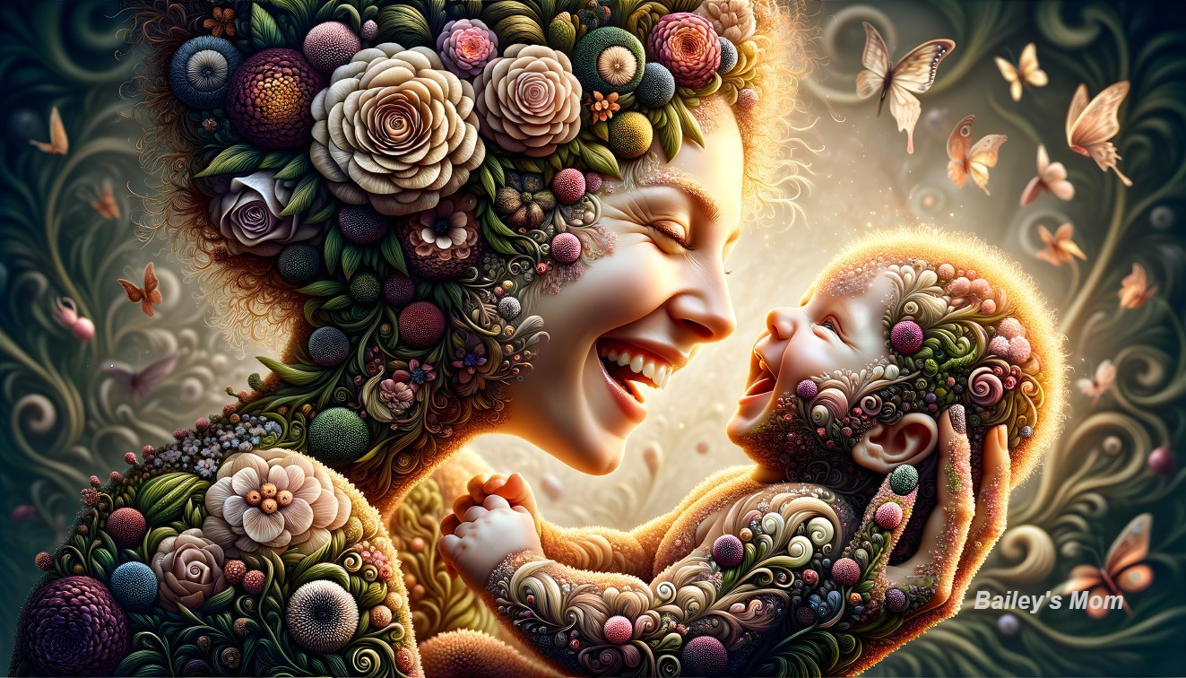 Joyful woman and child with floral and butterfly motifs symbolizing harmony with nature
