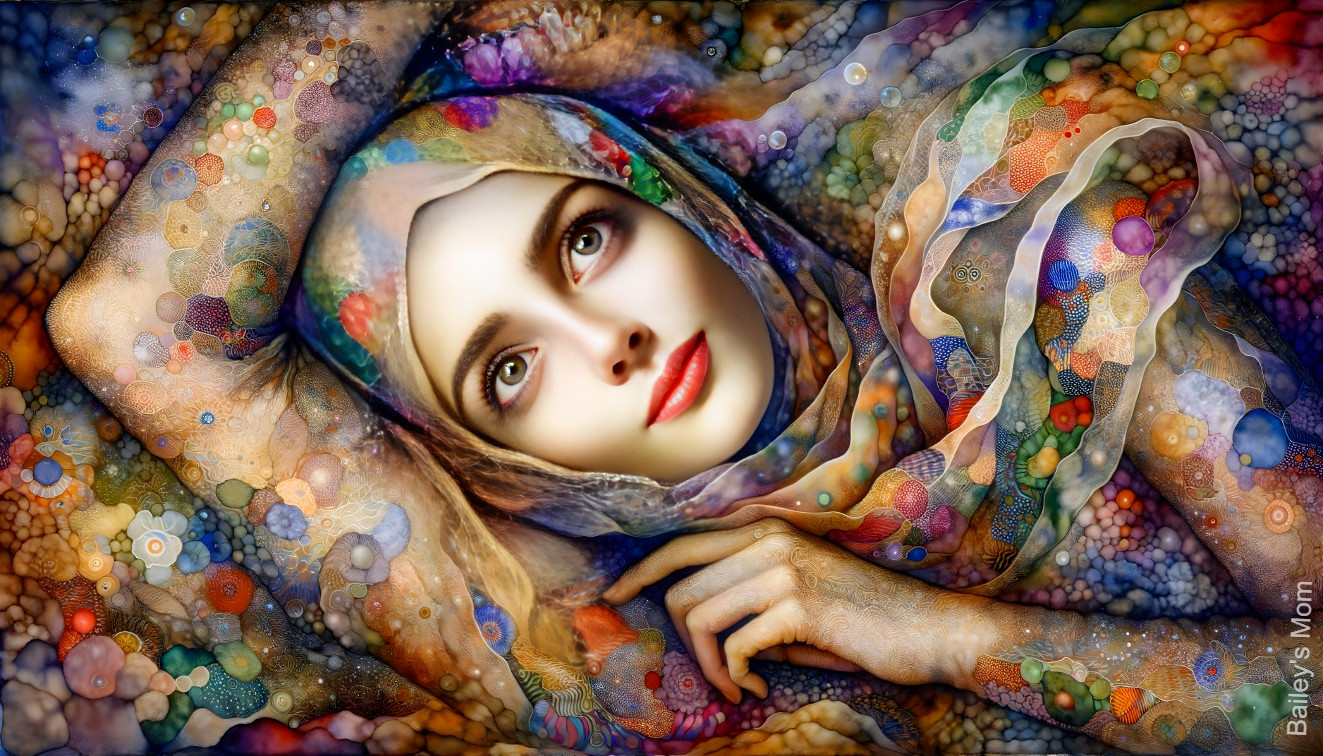 Portrait of a woman with colorful scarf and abstract patterns