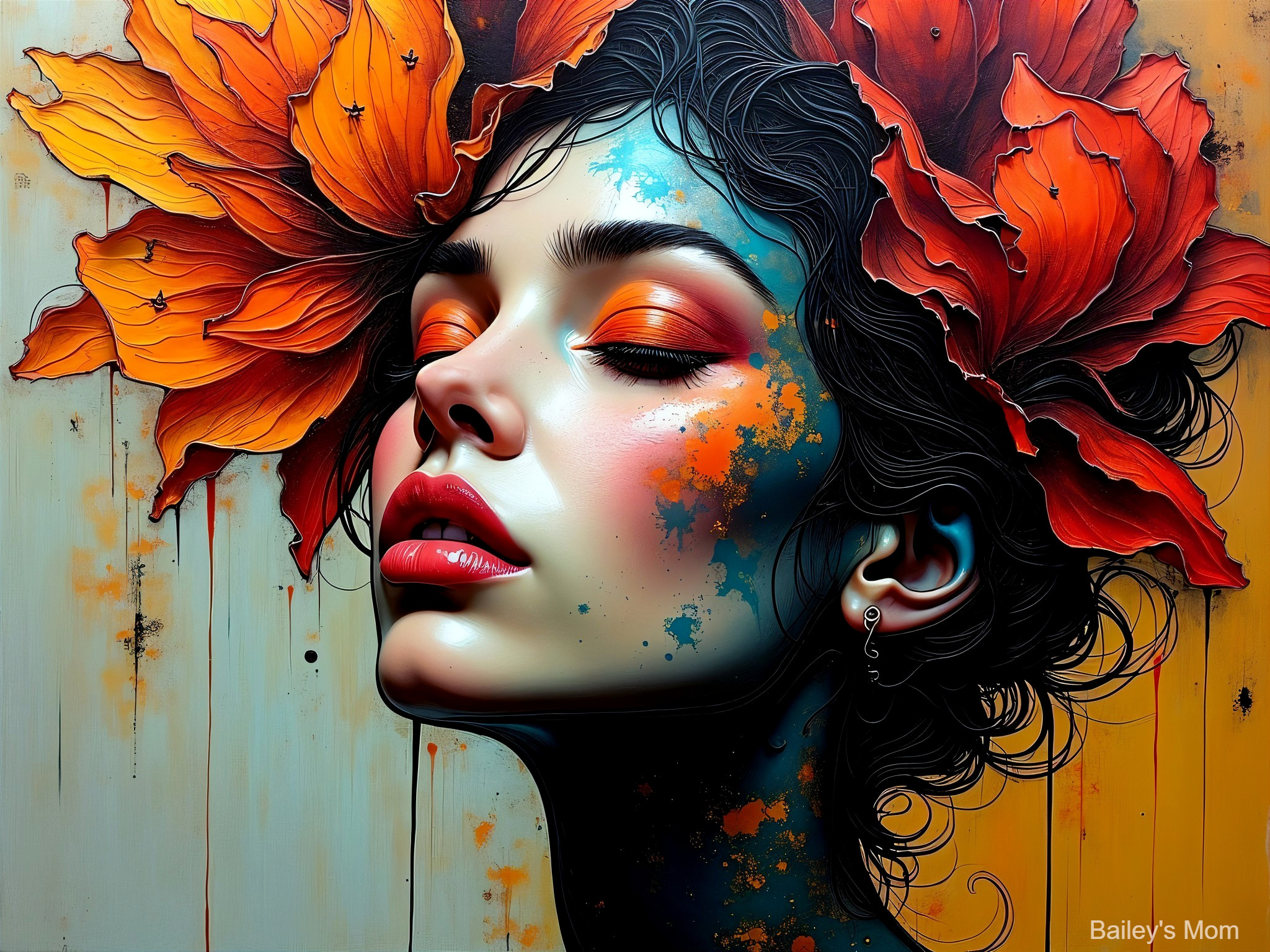 Portrait of a Woman with Orange Flowers and Abstract Background