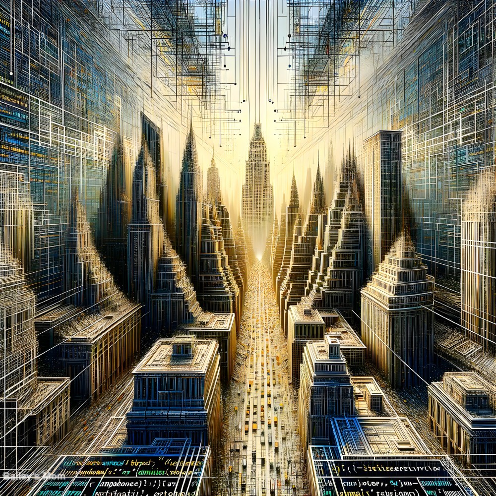 Futuristic cityscape with skyscrapers and mountains
