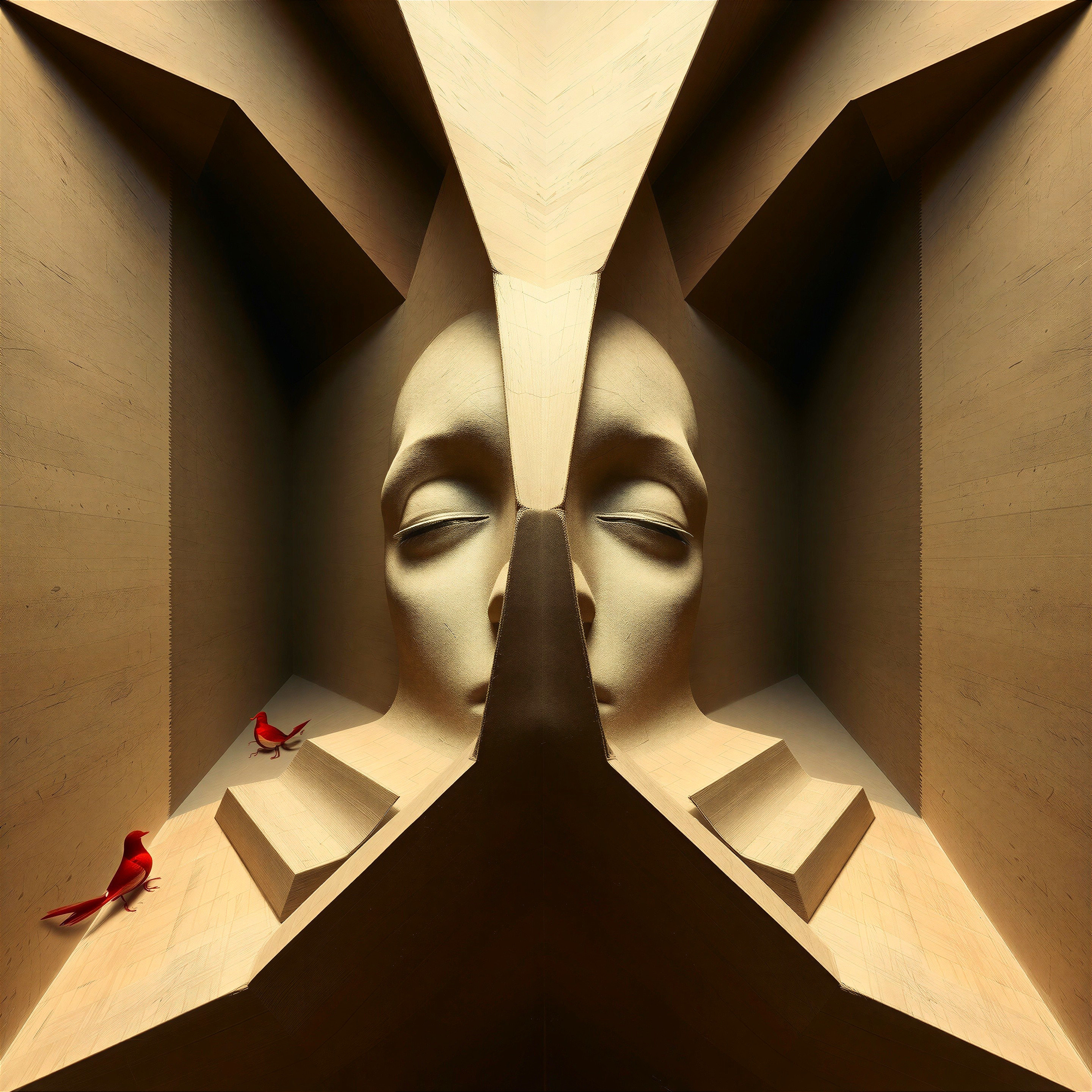 Surreal Abstract Facial Sculpture in Geometric Space