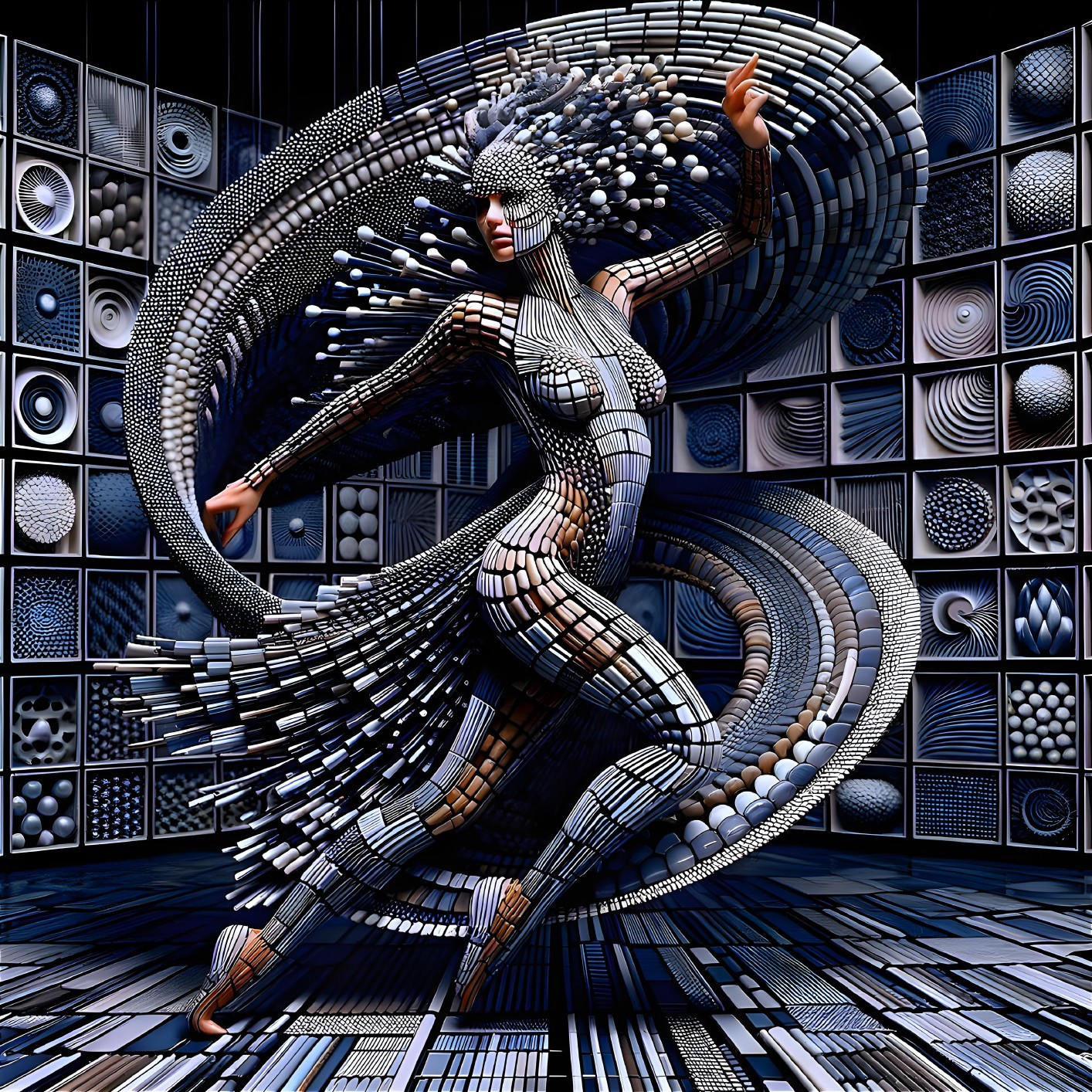 Dynamic Figure in Geometric Mosaic and Textured Background