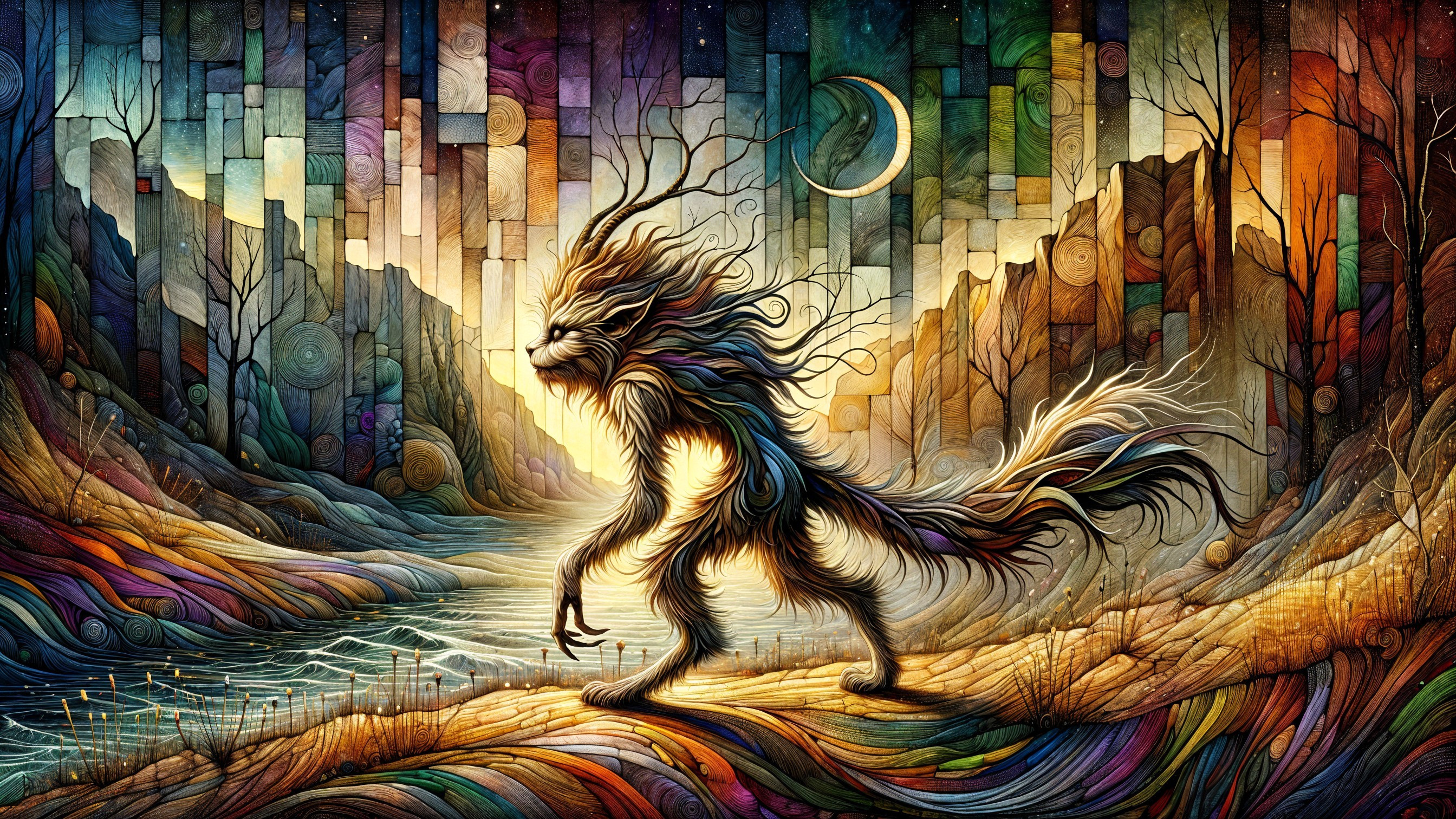 Whimsical Creature by a Colorful Riverbank Landscape