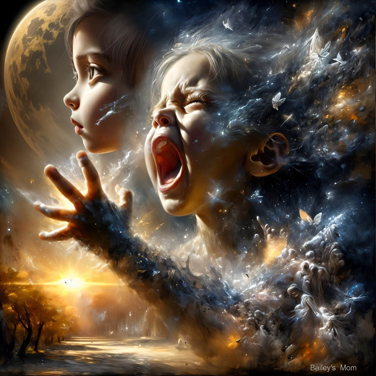 Dreamlike Artwork of Child's Face and Cosmic Elements