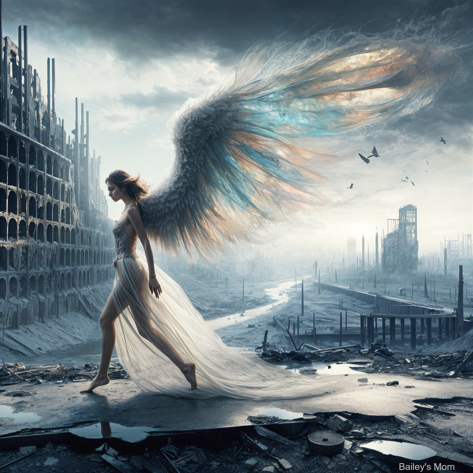 Ethereal Woman with Wings in Post-Apocalyptic Setting