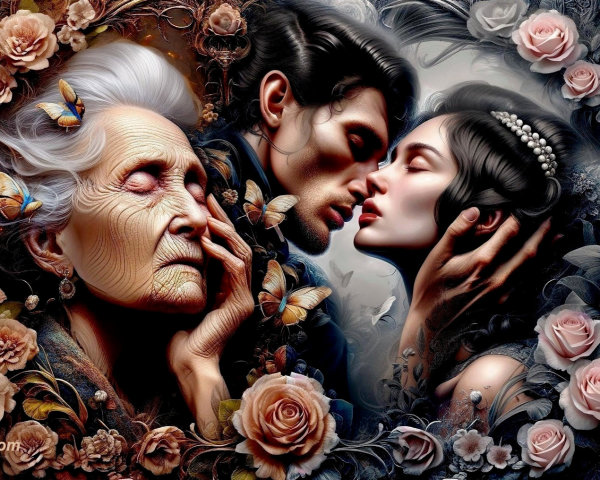 Three Figures in Floral Frame with Emotional Connection