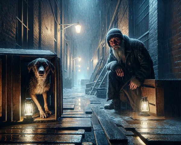 Old Man and Dog in Rainy Alley Scene