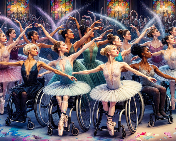 Diverse Ballet Scene with Dancers in Pastel Tutus