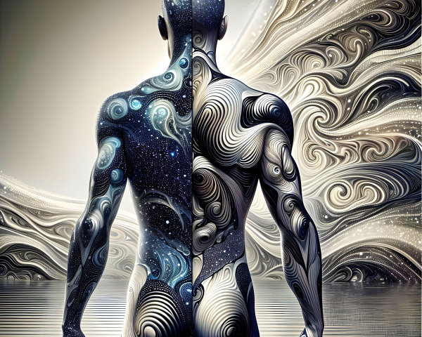 Cosmic-Themed Figure Reflected in Serene Water