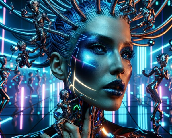Futuristic Cybernetic Figure with Neon Atmosphere