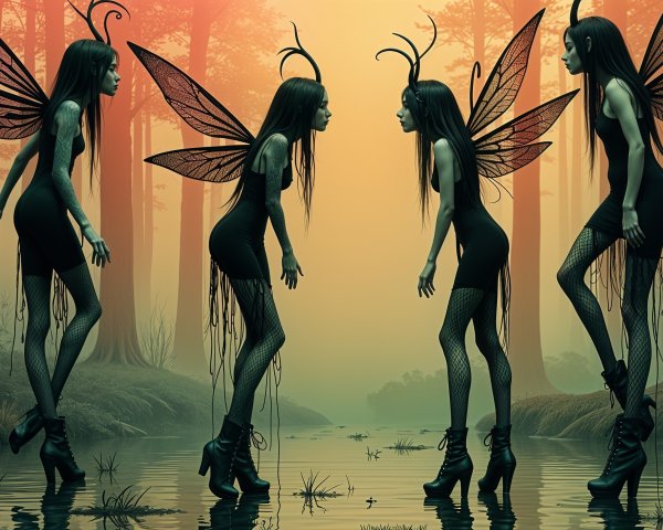 Enchanting Figures in Mystical Forest at Dusk