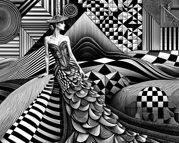 Black and White Illustration of Woman in Elegant Gown