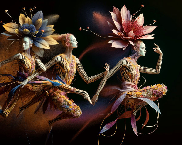 Ethereal Figures Embodying Floral Elements and Grace