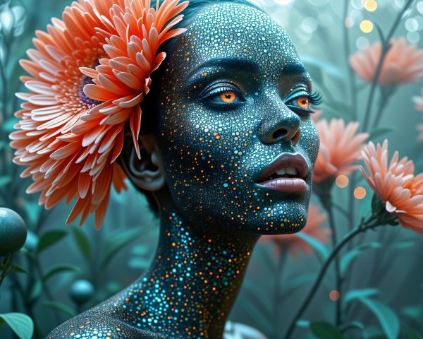 Portrait of a woman with vibrant floral and dot patterns