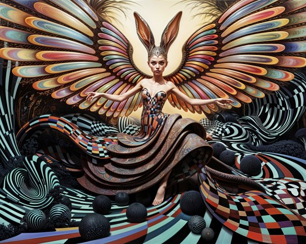 Fantastical figure with colorful wings in surreal landscape