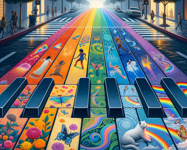 Colorful Piano Keyboard Streetscape with Nature Designs