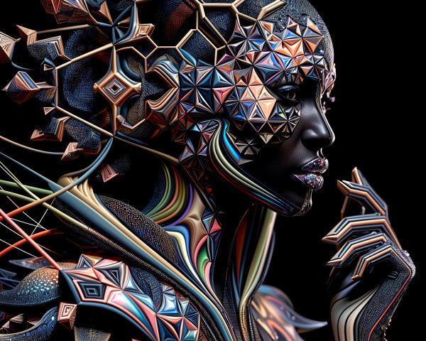 Futuristic Figure with Geometric Patterns and Colors