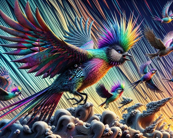 Colorful Birds Soaring Above Swirling Clouds