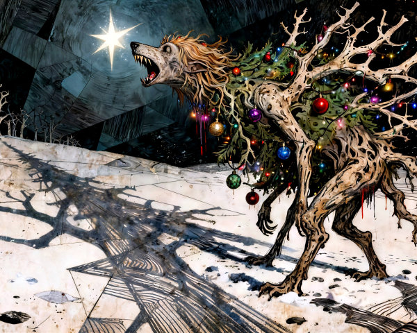 Monstrous Wolf-Tree Creature with Ornaments and Lights