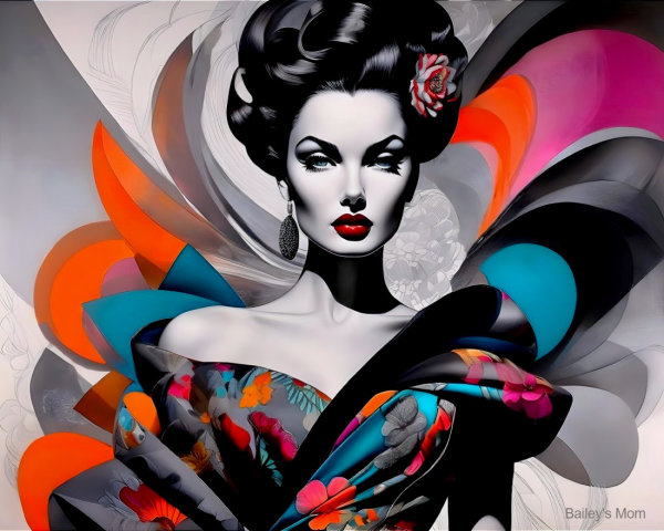 Stylized Female Figure in Floral Dress and Abstract Shapes