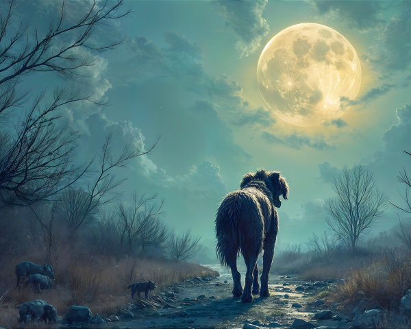 Majestic Dog on Winding Path Under Full Moonlight