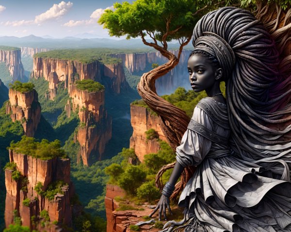 Young girl on a rocky ledge in canyon landscape
