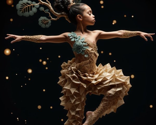 Wide Angle Shot of Young Girl in Unique Paper Costume