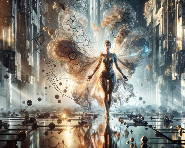 Futuristic figure with glowing wings in high-tech realm